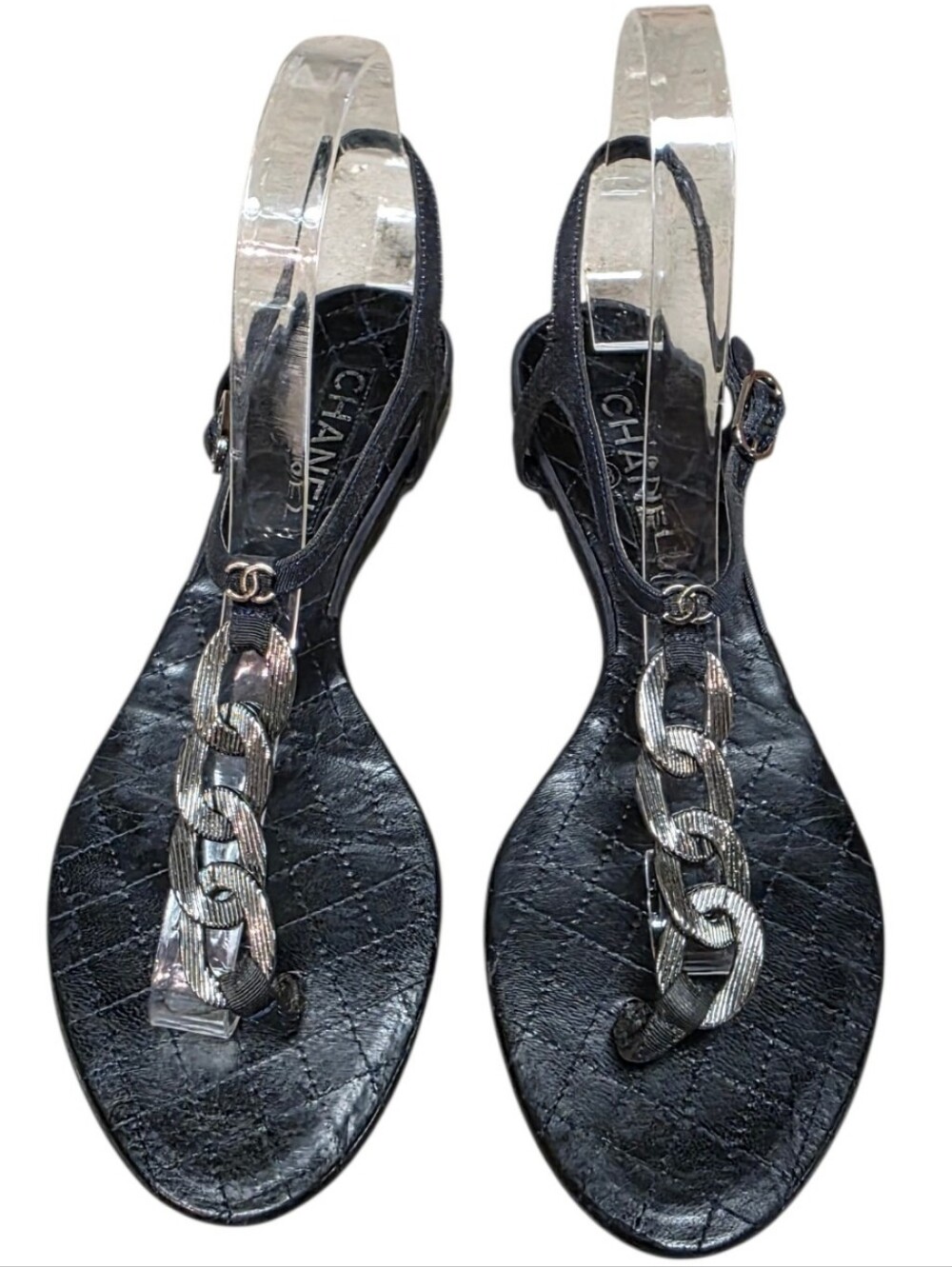 CHANEL Quilted Leather CC Silver Chain Thong Sandals 38/US 7.5-8